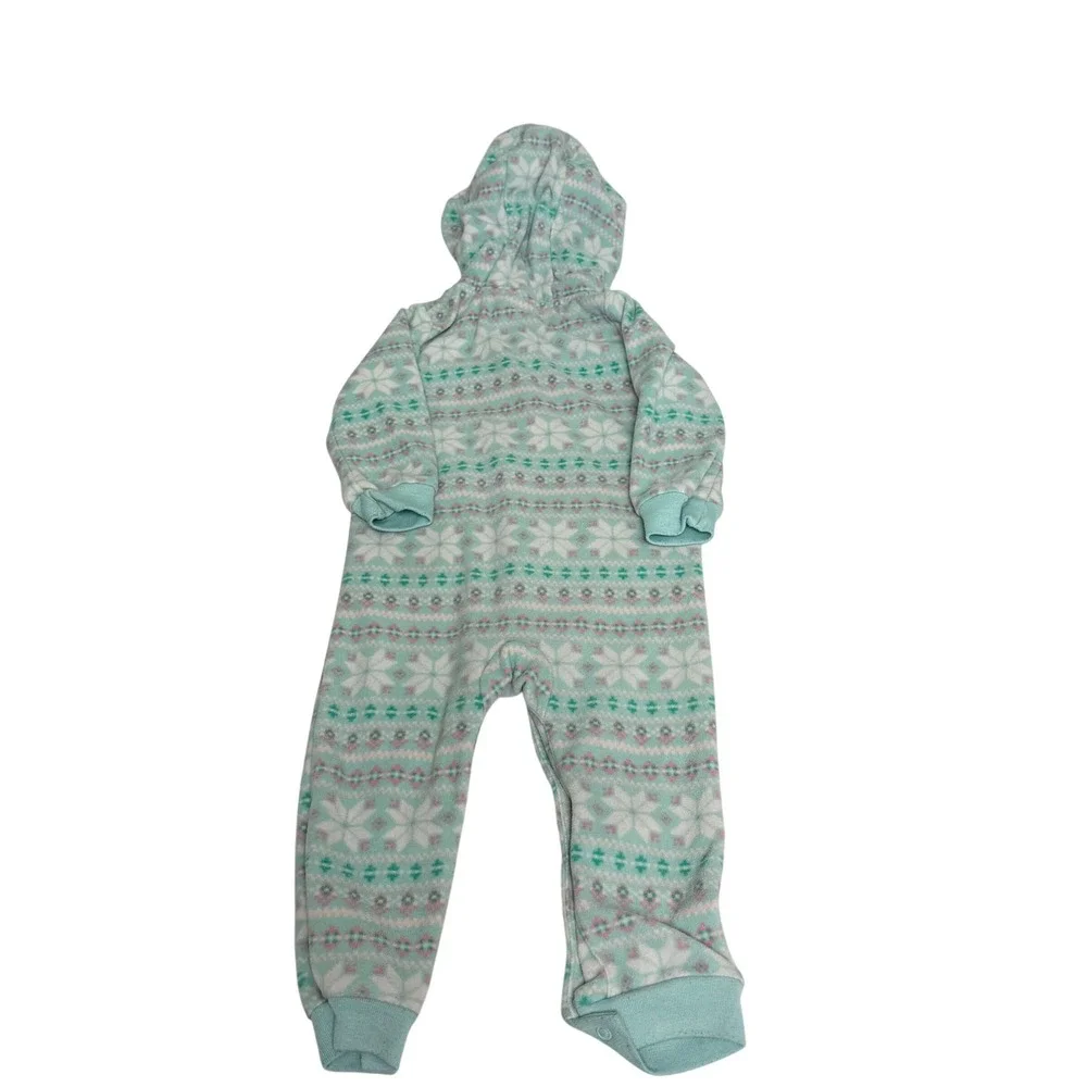 Carters Baby Girl 18M Mint Green Fair Isle Snowflake Fleece Hooded Jumpsuit